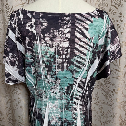 Style&Co Whimsigoth Tunic Blouse Women L Floral Silver Teal Flowy Boho Romantic
