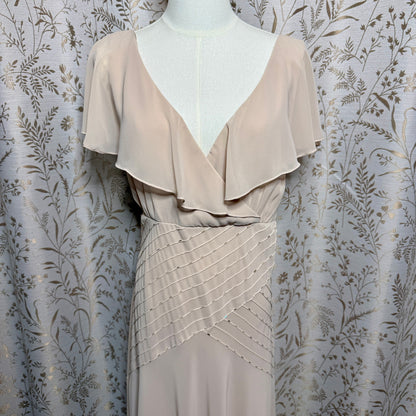 Liz Claiborne Beige Ruffle V-Neck Midi Dress Womens 16 Beaded Wedding Romantic