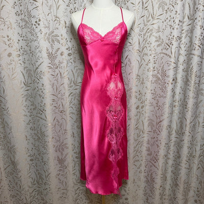Shirley of Hollywood Hot Pink Satin Lace Slip Dress Womens S Romantic Coquette