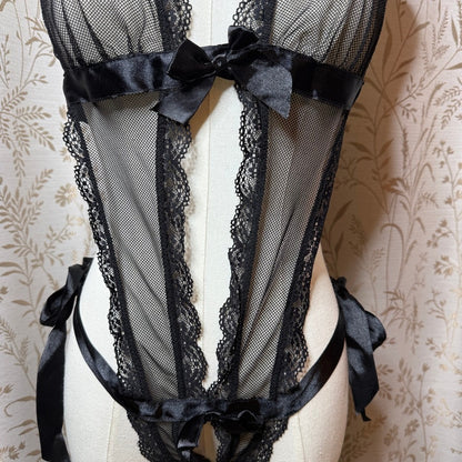 Black Lace Mesh Halter Teddy OS Boudoir Goth Dark Coquette Romantic Sirencore