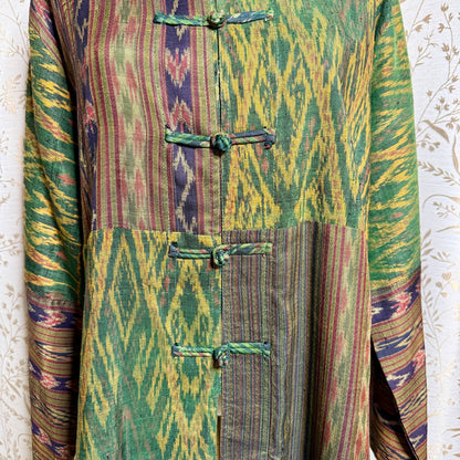 Boho Silk Ikat Jacket Women XL Patchwork Frog Closure Art to Wear Tang Suit