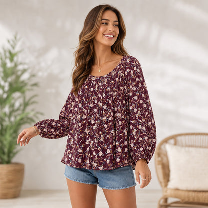 LC Lauren Conrad Floral Balloon Sleeve Blouse Womens L Boho Peasant Top Maroon