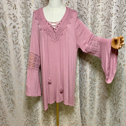 Paper + Tee Boho Crochet Bell Sleeve Tunic Top 2X Mauve Romantic Fairycore