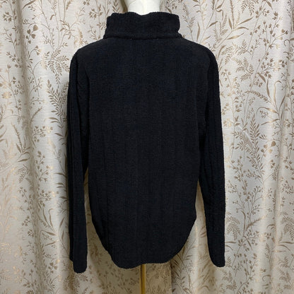 Black Cable Knit Mock Neck Sweater L Soft Fuzzy Textured Plush Pullover Cozycore