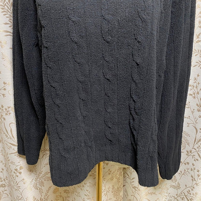 Black Cable Knit Mock Neck Sweater L Soft Fuzzy Textured Plush Pullover Cozycore