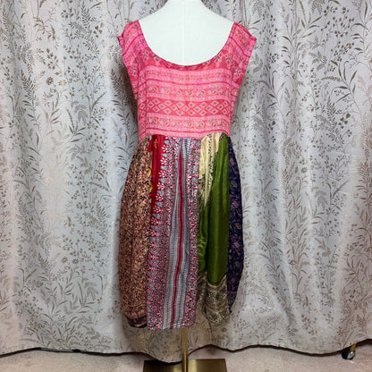 Kashi Vintage 100% Silk Patchwork Boho Midi Dress Womens L Pink Floral Festival