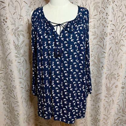 Max Jeans Bird Print Cold Shoulder Blouse Women XL Navy Coastal Boho Sailor Chic