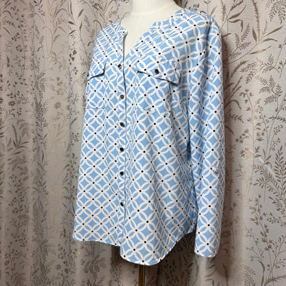 Notations Geometric Top Women XL Blue White Convertable Sleeve Office Corpcore