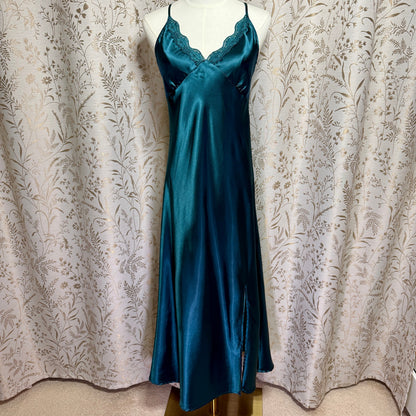 Alcea Rosea Lace Trim Satin Slip Dress Women M Green Romantic Coquette Boudoir