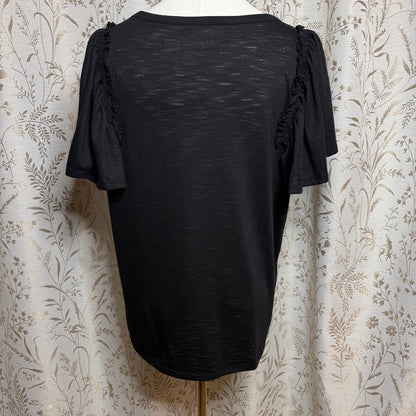 LC Lauren Conrad Flutter Sleeve Blouse Women L Black Minimalist Office Siren