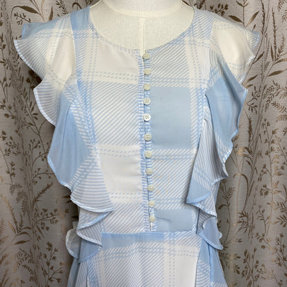 Belle + Sky Pastel Blue Plaid Ruffle Midi Dress XS Cottagecore Coquette Dollette