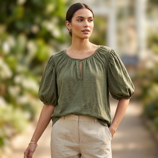 Old Navy Olive Green Puff Sleeve Keyhole Top Womens XL Boho Cottagecore Peasant
