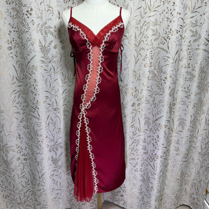 Satin Mesh Lace Slip Dress Women M Burgundy Y2K Romantic Coquette Glam Boudoir