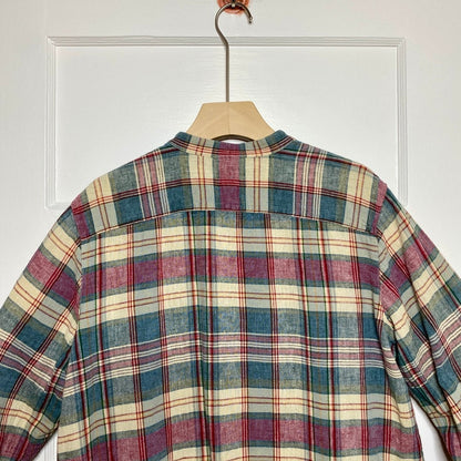 CHAPS Linen Cotton Plaid Mandarin Collar Shirt L Gingham Grandad Prairie Rural