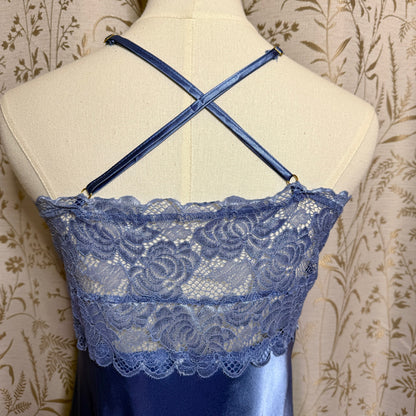 Alcea Rosea Satin Lace Trim Slip Dress Women M Blue Coquette Romantic Feminine