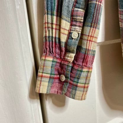 CHAPS Linen Cotton Plaid Mandarin Collar Shirt L Gingham Grandad Prairie Rural