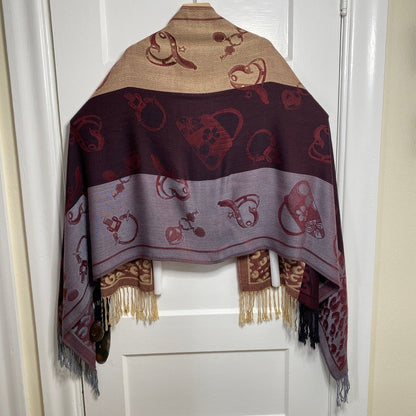 Reversible Pashmina Shawl Wrap Burgundy Tan Leopard Novelty Print Fringed Boho