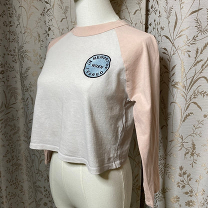 Forever 21 Cropped Raglan Tee Small Pink White Thrashed Sarcastic Snarky Saying