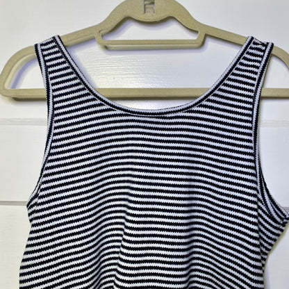 Sonoma Striped Henley Tank Top Women L Black White French Girl Coastal Nautical