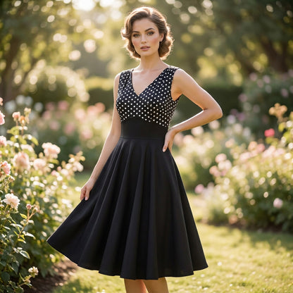 Belle Poque Polka Dot Cocktail Swing Dress L Black White Rockabilly 50s PinUp