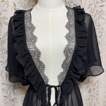 Victorias Secret Black Sheer Ruffle Lace Babydoll Robe S/M Kimono Coquette Goth