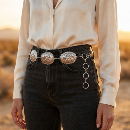 Vintage Silver Metal Concho Chain Belt Womens O/S Western Boho Cowgirl Indie