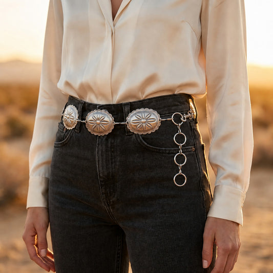 Vintage Silver Metal Concho Chain Belt Womens O/S Western Boho Cowgirl Indie