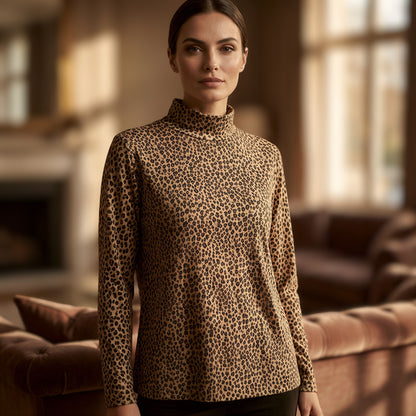 Croft & Barrow Leopard Print Mock Neck Top Women L Minimalist Office Siren Indie