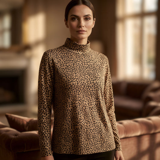 Croft & Barrow Leopard Print Mock Neck Top Women L Minimalist Office Siren Indie