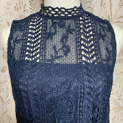 BB Dakota Crochet Lace Mock Neck Blouse XS Navy Blue Dark Romantic Whimsigoth