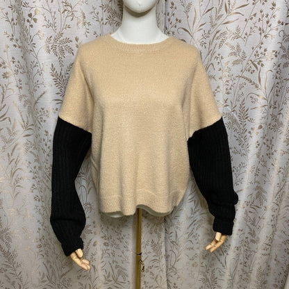 Lulus Nancie Colorblock Knit Sweater Small Camel Black Slouchy Cozy Neutral Soft
