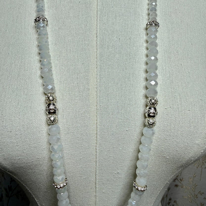 Vintage Artisan Faceted White Glass Bead Opera Rope Necklace 90s Boho Romantic