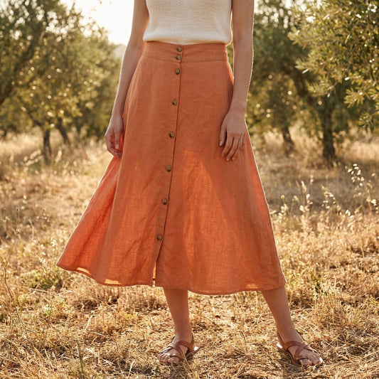 A New Day Linen Blend Button Front Midi Skirt Women XXL Orange Cottagecore Boho