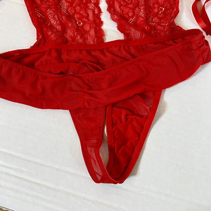 Fredericks of Hollywood Red Lace Sexy Halter Teddy M/L Coquette Pinup Baddie