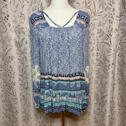 Knox Rose Floral Strappy Tunic Top Womens L Blue Boho Peasant Prairie Romantic