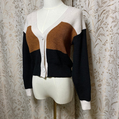 Lulus Colorblock Cardigan Knit Sweater XS Tan White Black V-Neck Button Neutrals