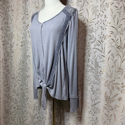 Knox Rose Front Tie Waffle Knit Top Women XL Gray Lace Boho Cozycore Romantic