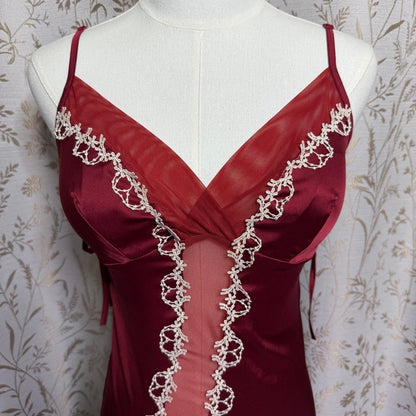 Satin Mesh Lace Slip Dress Women M Burgundy Y2K Romantic Coquette Glam Boudoir