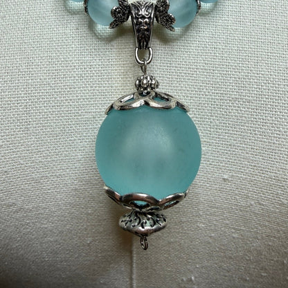 Vintage Frosted Blue Glass Orb Pendant Necklace 1990s Whimsigoth Boho Victorian