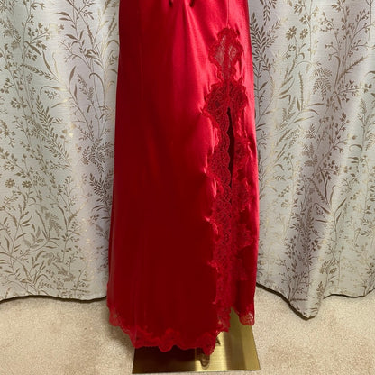 Victoria Secret Crimson Satin Lace Maxi Slip Dress Large Slit Sirencore Coquette