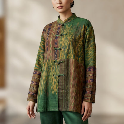 Boho Silk Ikat Jacket Women XL Patchwork Frog Closure Art to Wear Tang Suit