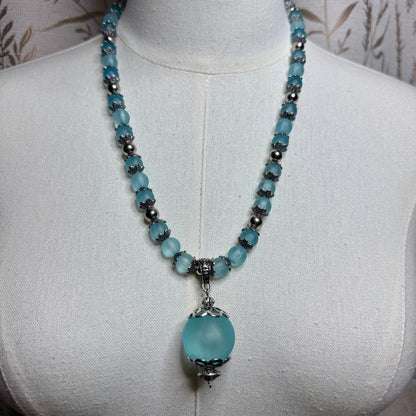 Vintage Frosted Blue Glass Orb Pendant Necklace 1990s Whimsigoth Boho Victorian