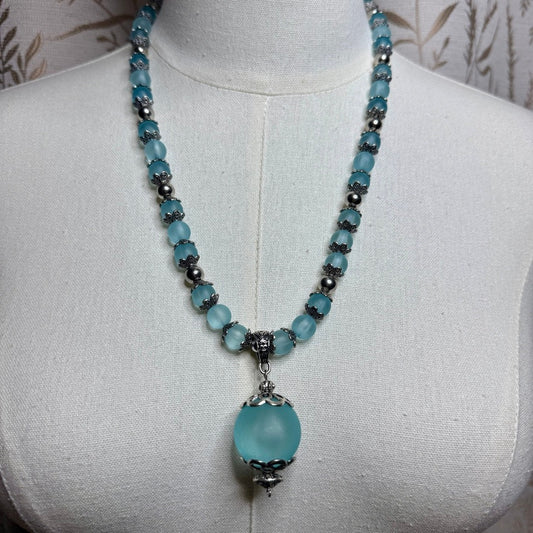 Vintage Frosted Blue Glass Orb Pendant Necklace 1990s Whimsigoth Boho Victorian