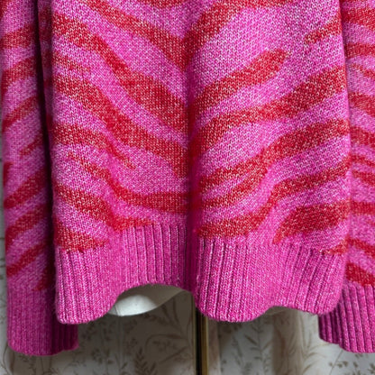 Nine West Red Pink Zebra Print Sweater Women L Dopamine Dressing Barbiecore Bold