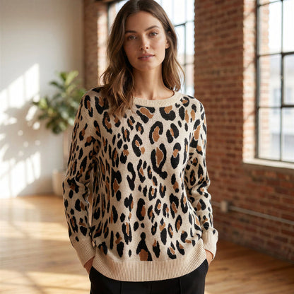 A New Day Bold Leopard Print Sweater Women XL Cozy Casual Office Chic Neutrals