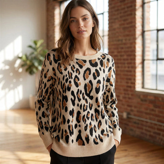 A New Day Bold Leopard Print Sweater Women XL Cozy Casual Office Chic Neutrals