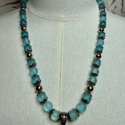 Vintage Frosted Blue Glass Orb Pendant Necklace 1990s Whimsigoth Boho Victorian