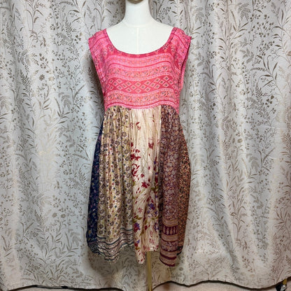 Kashi Vintage 100% Silk Patchwork Boho Midi Dress Womens L Pink Floral Festival
