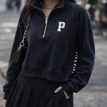 PINK Black Quarter-Zip Pullover XS Y2K Activewear Grunge Streetwear Distressed