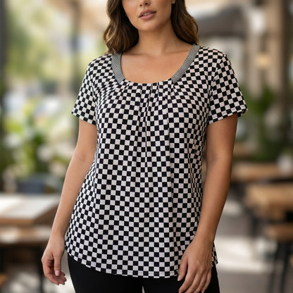New York & Company Checkered Scoop Neck Pleated Top Women L Stretch Thrashed